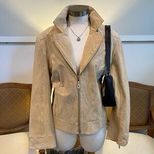 Pamela McCoy Beige Genuine Leather Moto Jacket, Grunge Downtown Girl, Size Large